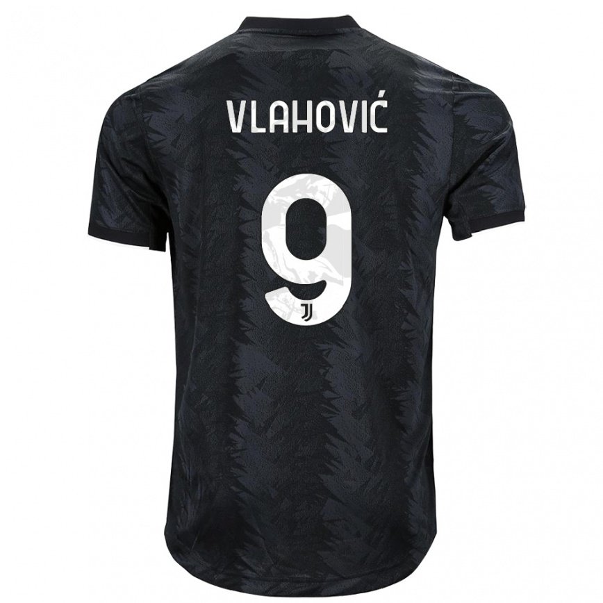 Herren Fußball Dusan Vlahovic #9 Dunkles Schwarz Auswärtstrikot Trikot 2022/23 T-shirt Luxemburg