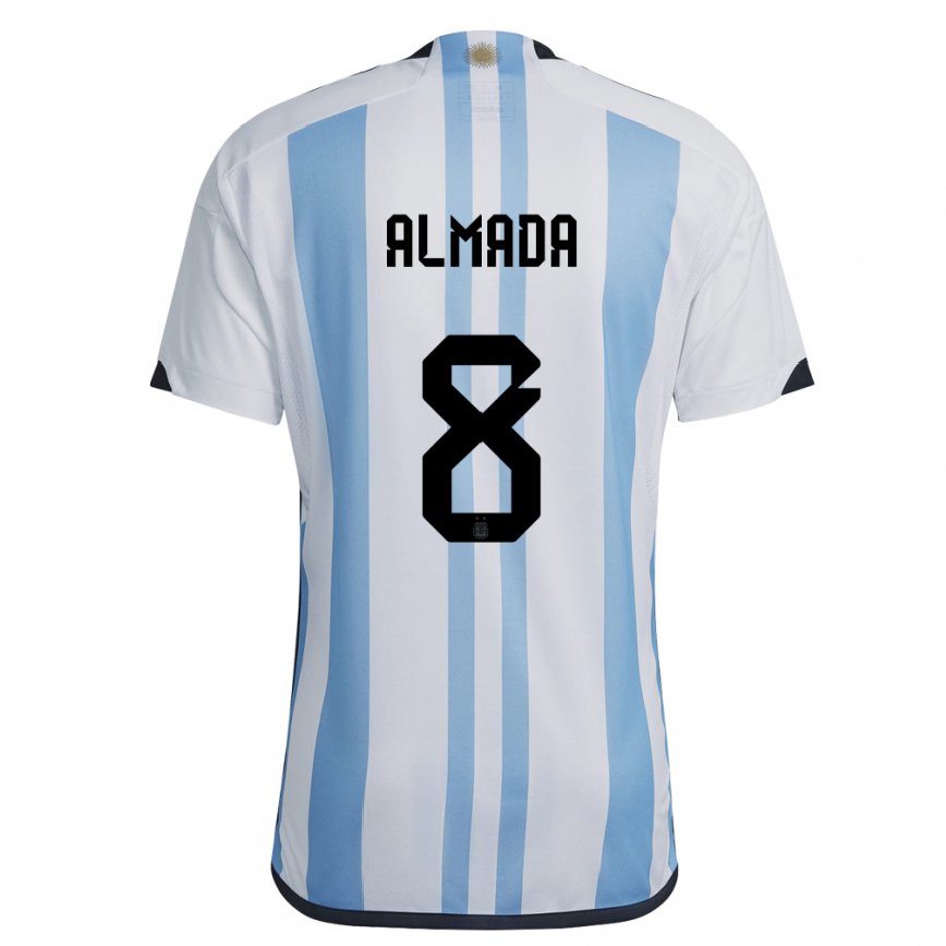 Herren Argentinische Thiago Almada #8 Weiß Himmelblau Heimtrikot Trikot 22-24 Luxemburg
