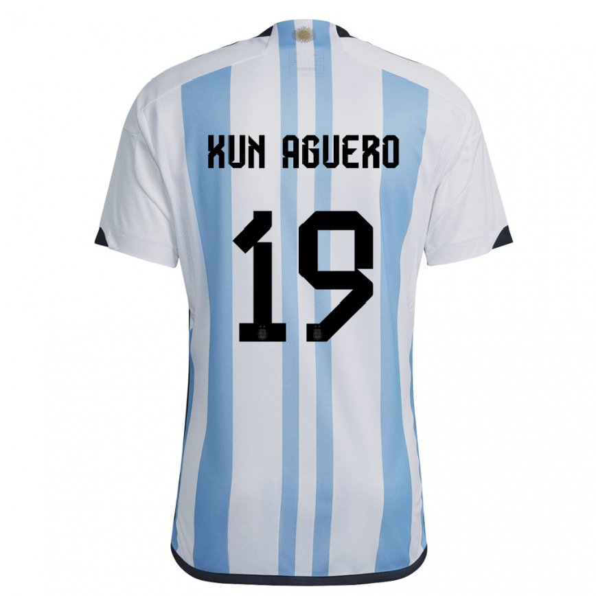 Herren Argentinische Sergio Aguero #19 Weiß Himmelblau Heimtrikot Trikot 22-24 Luxemburg