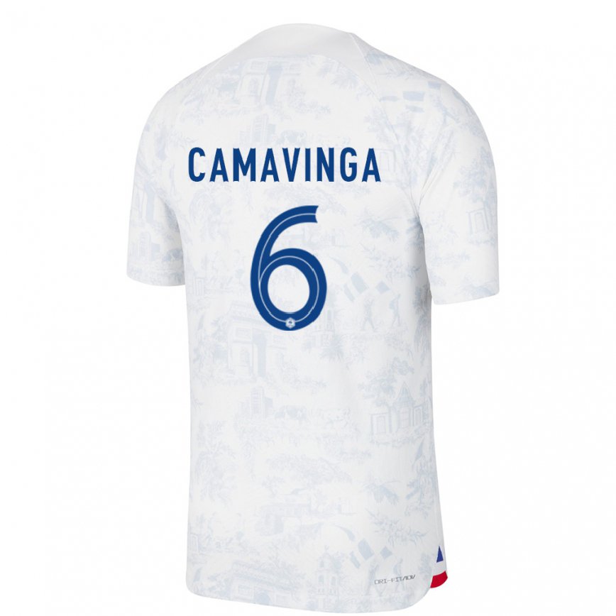 Damen Französische Eduardo Camavinga #6 Weiß Blau Auswärtstrikot Trikot 22-24 Luxemburg