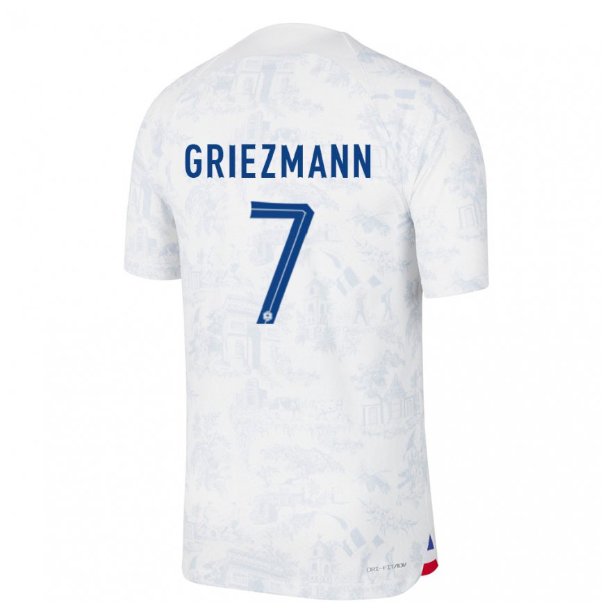 Damen Französische Antoine Griezmann #7 Weiß Blau Auswärtstrikot Trikot 22-24 Luxemburg