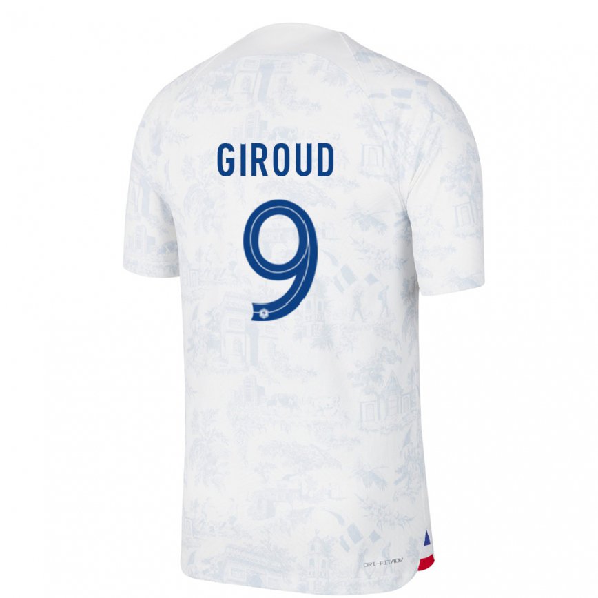 Damen Französische Olivier Giroud #9 Weiß Blau Auswärtstrikot Trikot 22-24 Luxemburg