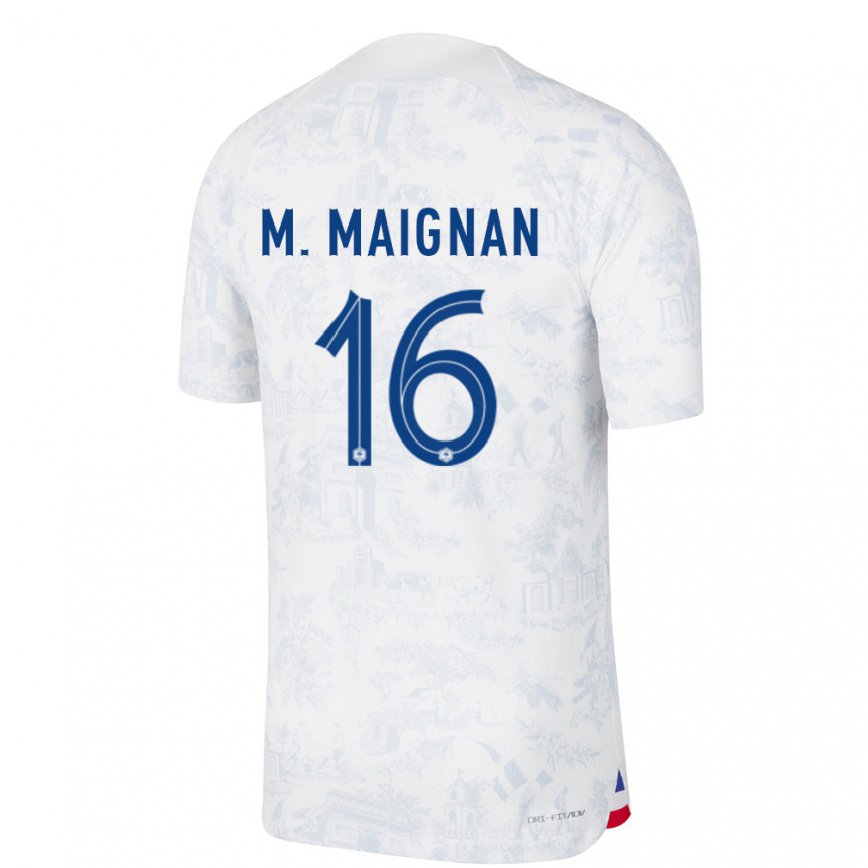 Damen Französische Mike Maignan #16 Weiß Blau Auswärtstrikot Trikot 22-24 Luxemburg