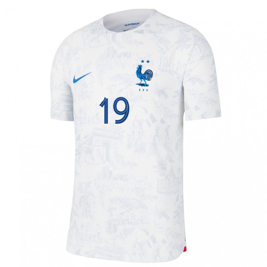 Damen Französische Karim Benzema #19 Weiß Blau Auswärtstrikot Trikot 22-24 Luxemburg