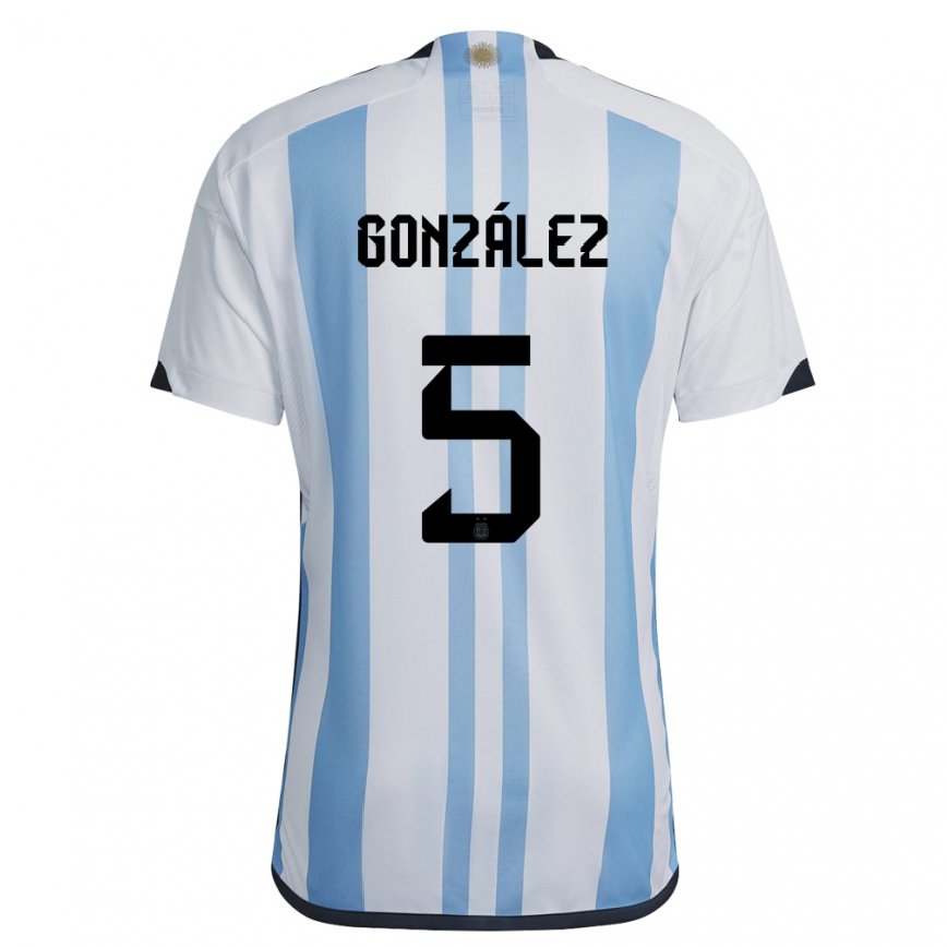Herren Argentinische Maximiliano Gonzalez #5 Weiß Himmelblau Heimtrikot Trikot 22-24 Luxemburg