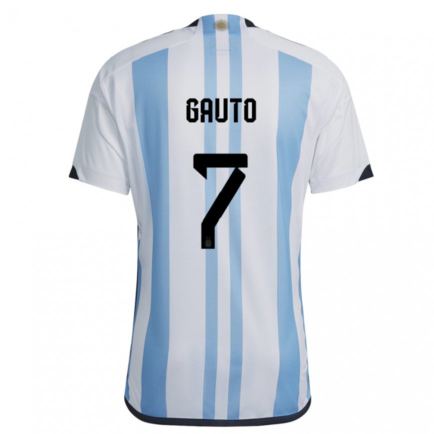 Herren Argentinische Juan Gauto #7 Weiß Himmelblau Heimtrikot Trikot 22-24 Luxemburg
