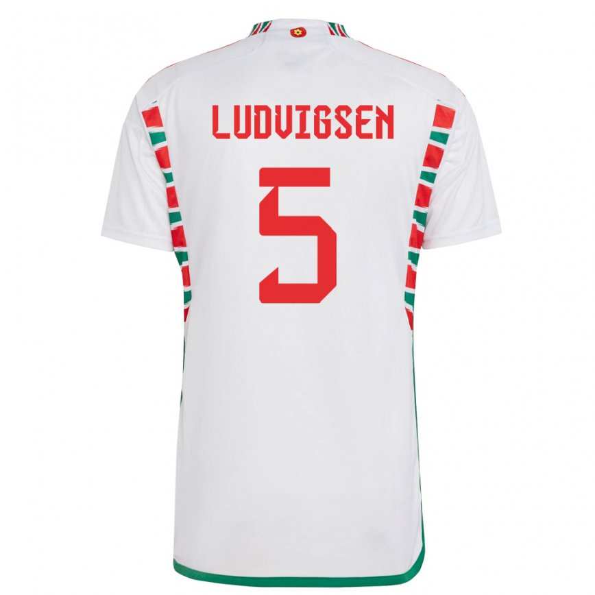 Herren Walisische Kai Ludvigsen #5 Weiß Auswärtstrikot Trikot 22-24 Luxemburg