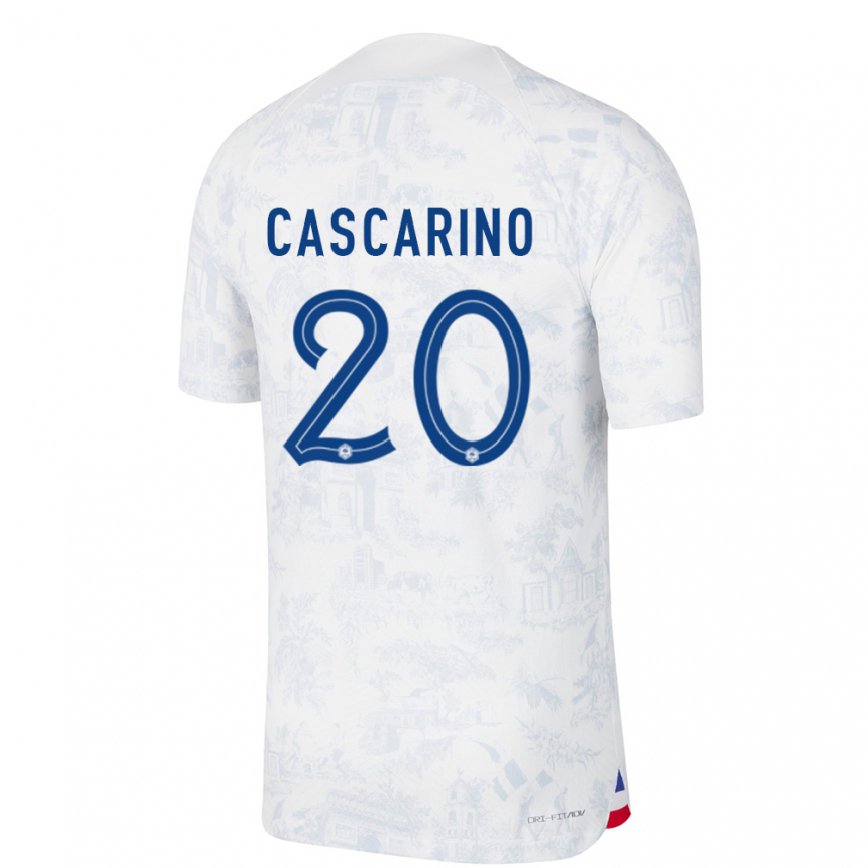 Herren Französische Delphine Cascarino #20 Weiß Blau Auswärtstrikot Trikot 22-24 Luxemburg