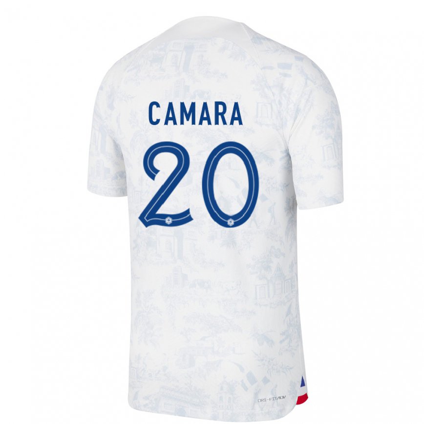 Herren Französische Ousmane Camara #20 Weiß Blau Auswärtstrikot Trikot 22-24 Luxemburg