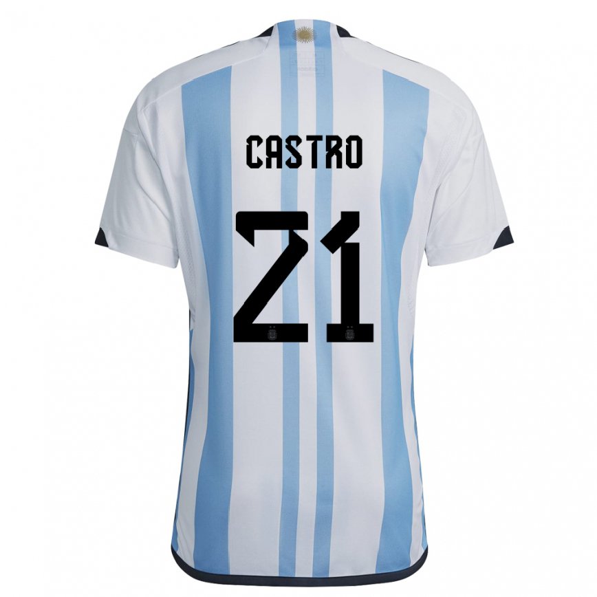 Damen Argentinische Santiago Castro #21 Weiß Himmelblau Heimtrikot Trikot 22-24 Luxemburg