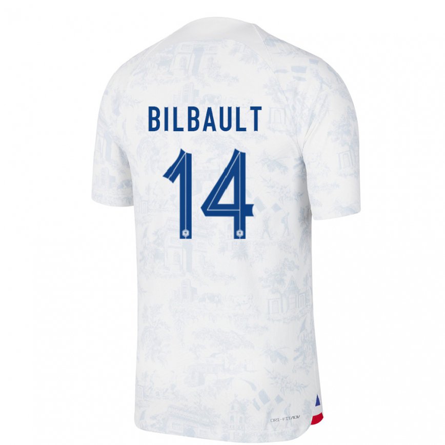 Damen Französische Charlotte Bilbault #14 Weiß Blau Auswärtstrikot Trikot 22-24 Luxemburg