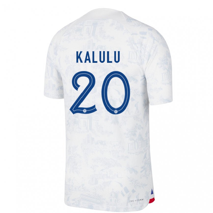 Damen Französische Pierre Kalulu #20 Weiß Blau Auswärtstrikot Trikot 22-24 Luxemburg