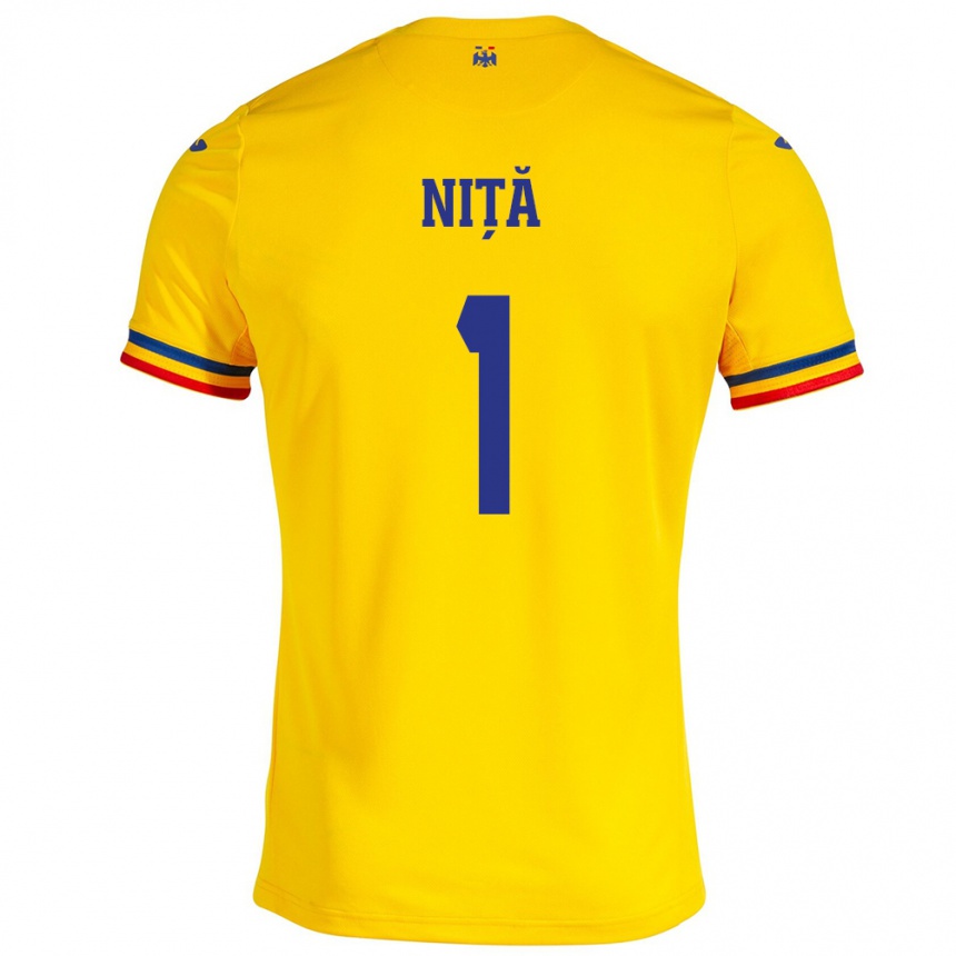 Kinder Fußball Rumänische Florin Niță #1 Gelb Heimtrikot Trikot 24-26 T-Shirt Luxemburg