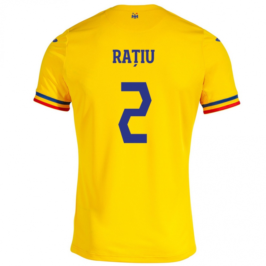 Kinder Fußball Rumänische Andrei Rațiu #2 Gelb Heimtrikot Trikot 24-26 T-Shirt Luxemburg