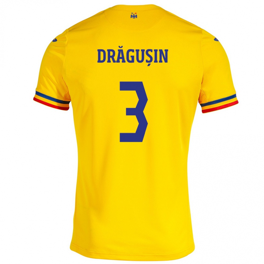 Kinder Fußball Rumänische Radu Drăgușin #3 Gelb Heimtrikot Trikot 24-26 T-Shirt Luxemburg