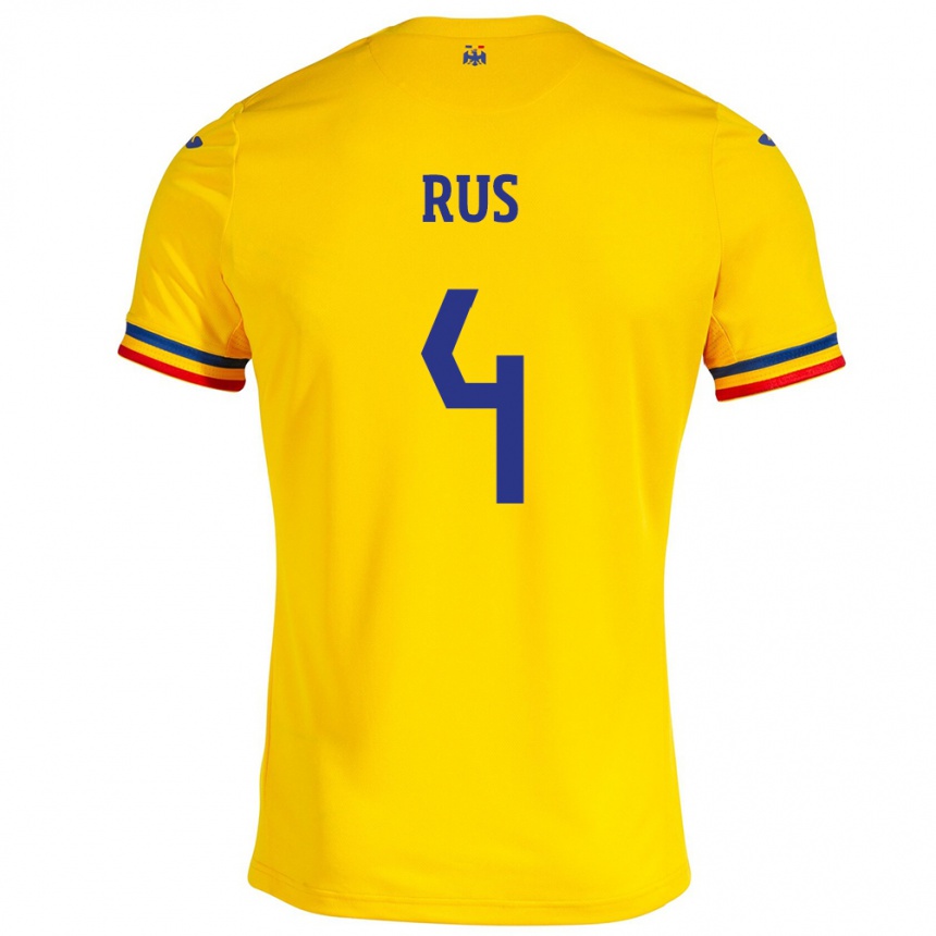 Kinder Fußball Rumänische Adrian Rus #4 Gelb Heimtrikot Trikot 24-26 T-Shirt Luxemburg