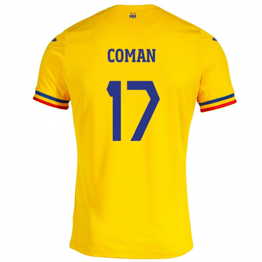 Kinder Fußball Rumänische Florinel Coman #17 Gelb Heimtrikot Trikot 24-26 T-Shirt Luxemburg