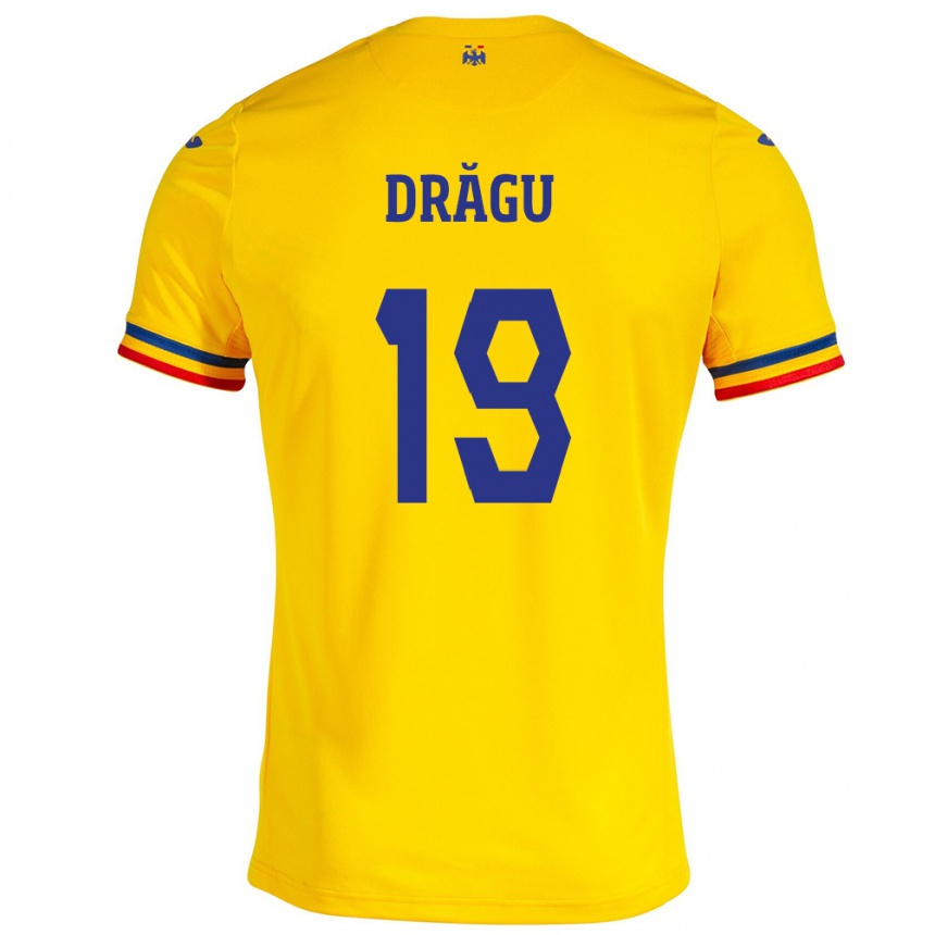 Kinder Fußball Rumänische Denis Drăguş #19 Gelb Heimtrikot Trikot 24-26 T-Shirt Luxemburg