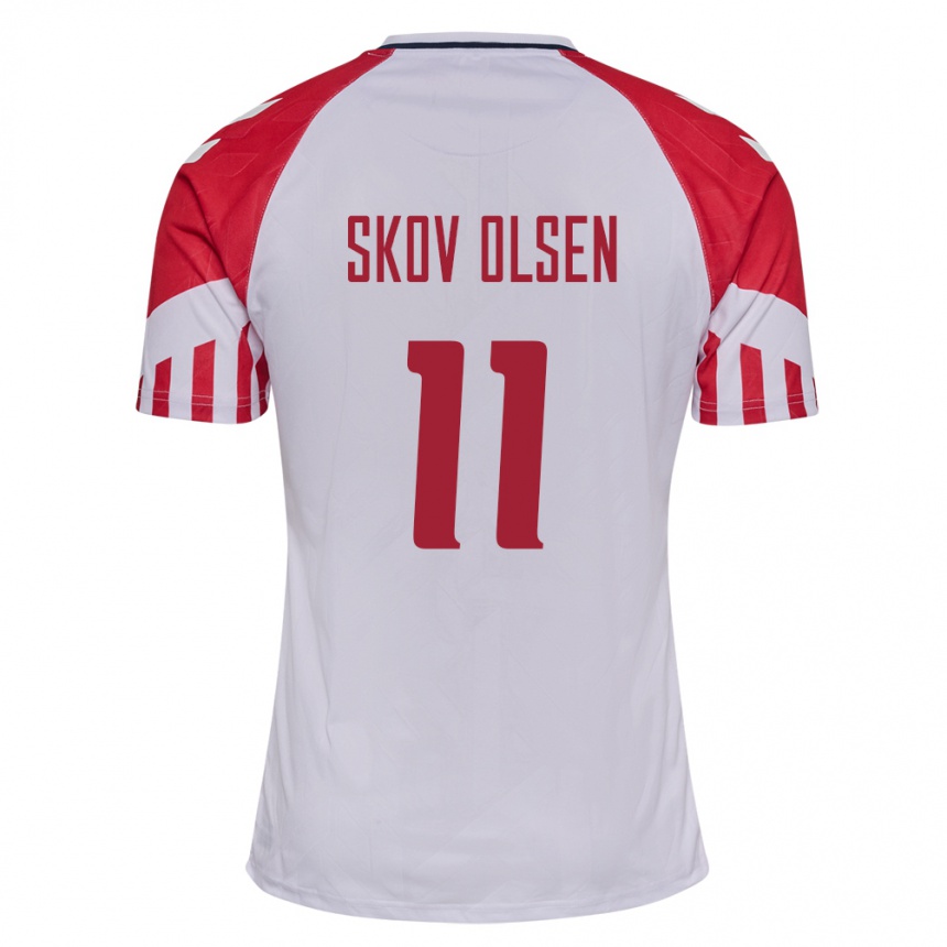 Kinder Fußball Dänische Andreas Skov Olsen #11 Weiß Auswärtstrikot Trikot 24-26 T-Shirt Luxemburg
