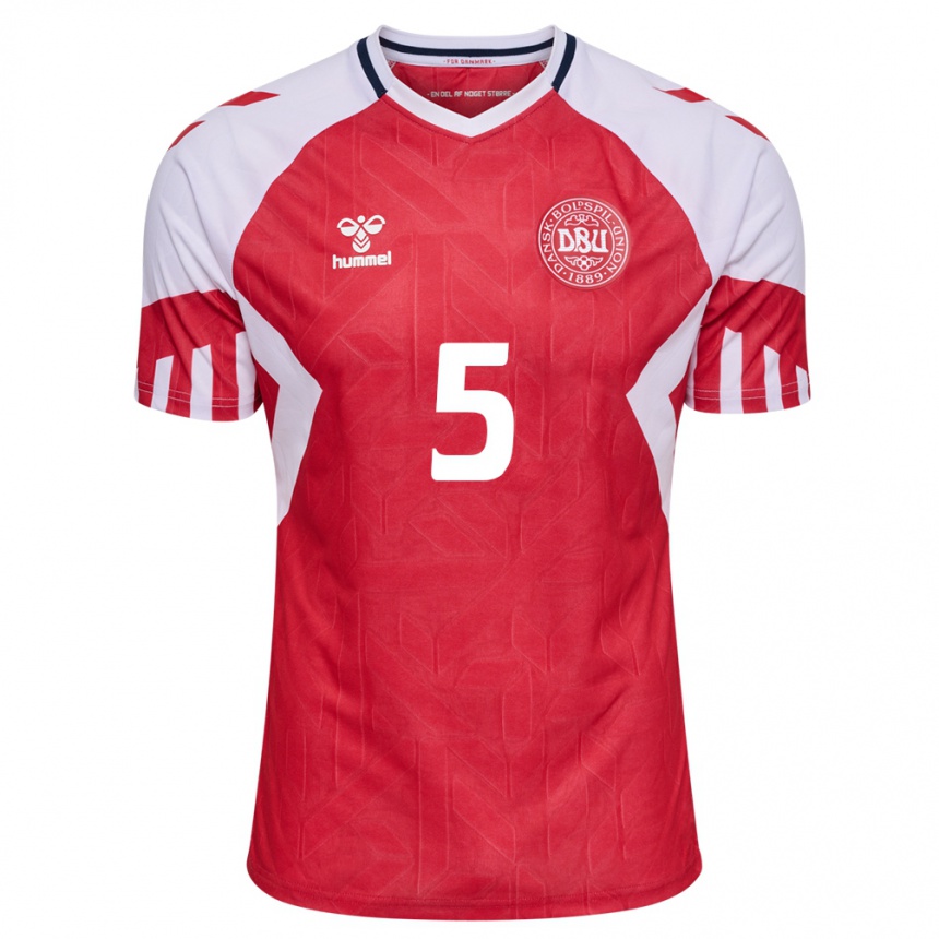 Herren Fußball Dänische Gustav Mortensen #5 Rot Heimtrikot Trikot 24-26 T-Shirt Luxemburg