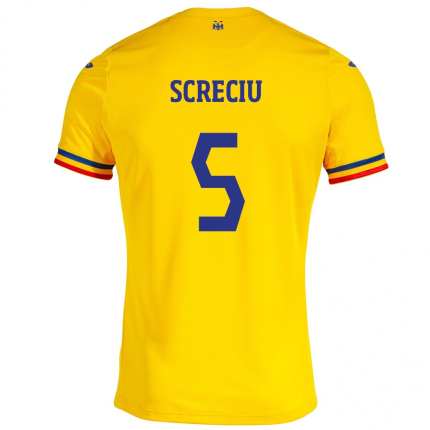 Herren Fußball Rumänische Vladimir Screciu #5 Gelb Heimtrikot Trikot 24-26 T-Shirt Luxemburg