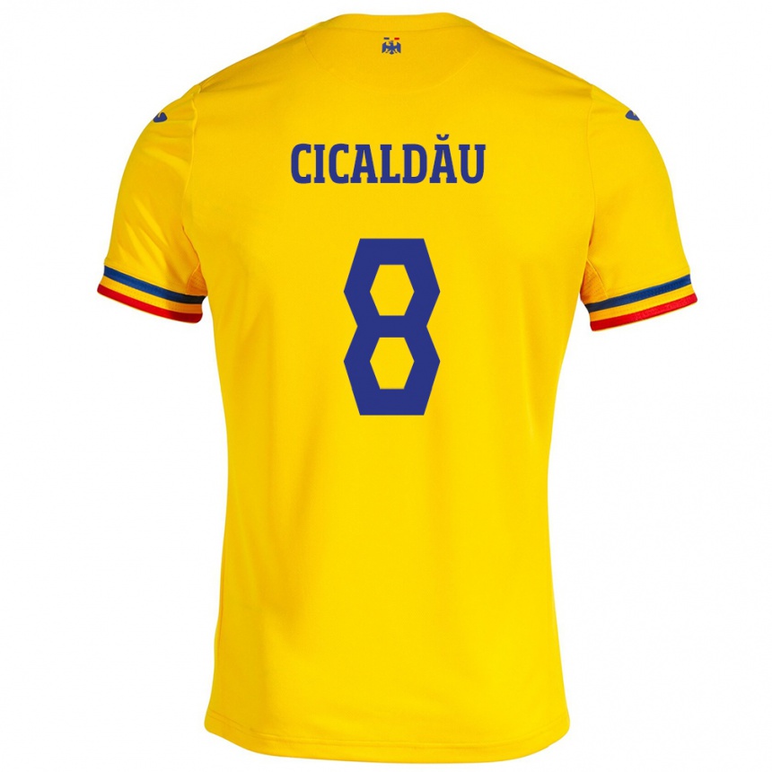 Herren Fußball Rumänische Alexandru Cicâldău #8 Gelb Heimtrikot Trikot 24-26 T-Shirt Luxemburg