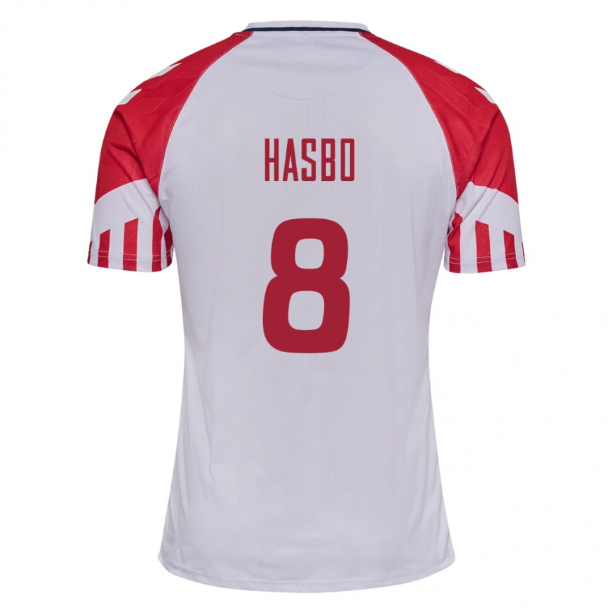 Herren Fußball Dänische Josefine Hasbo #8 Weiß Auswärtstrikot Trikot 24-26 T-Shirt Luxemburg