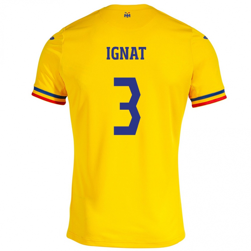 Damen Fußball Rumänische Cristian Ignat #3 Gelb Heimtrikot Trikot 24-26 T-Shirt Luxemburg
