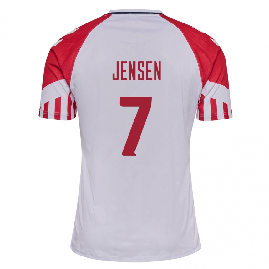 Damen Fußball Dänische Mathias Jensen #7 Weiß Auswärtstrikot Trikot 24-26 T-Shirt Luxemburg