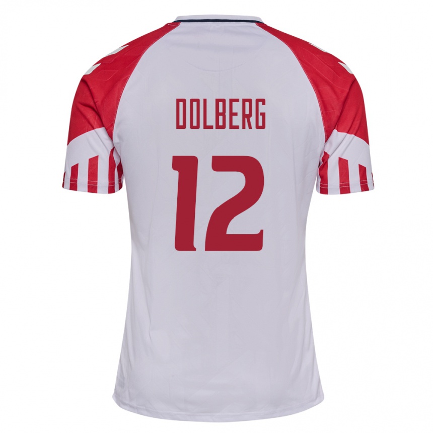 Damen Fußball Dänische Kasper Dolberg #12 Weiß Auswärtstrikot Trikot 24-26 T-Shirt Luxemburg