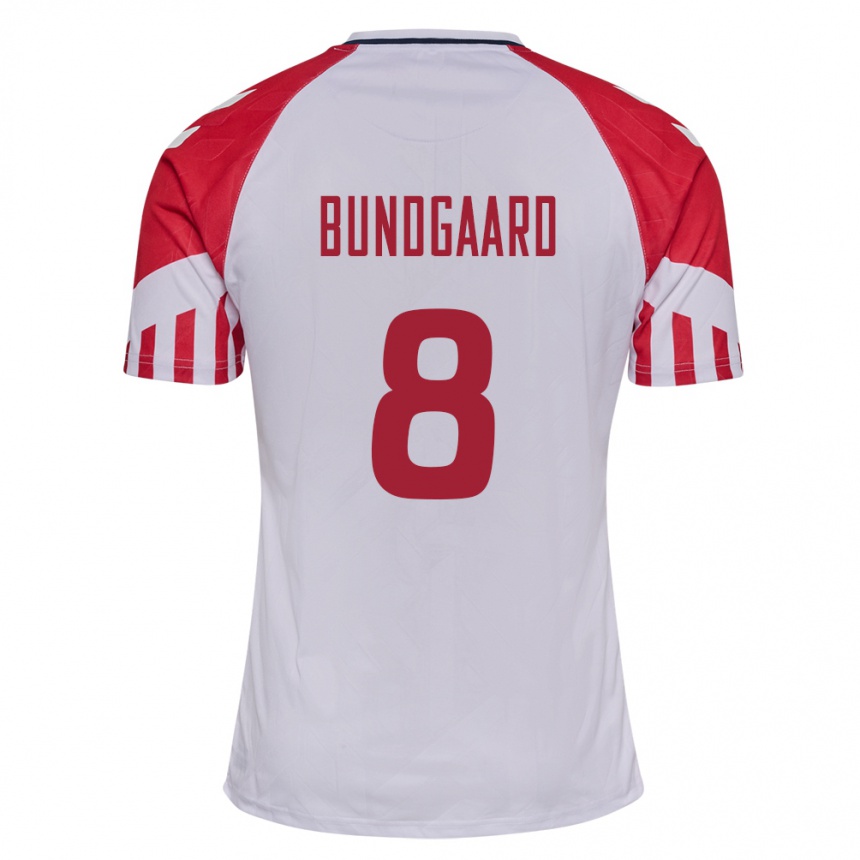 Damen Fußball Dänische Filip Bundgaard #8 Weiß Auswärtstrikot Trikot 24-26 T-Shirt Luxemburg