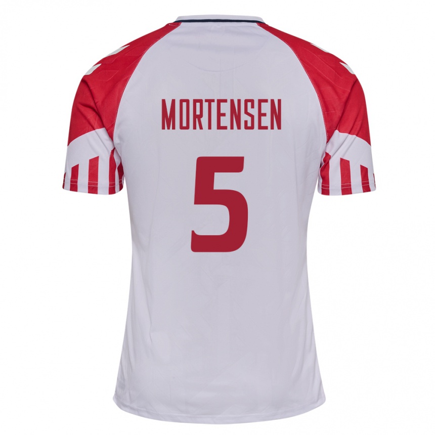 Damen Fußball Dänische Gustav Mortensen #5 Weiß Auswärtstrikot Trikot 24-26 T-Shirt Luxemburg