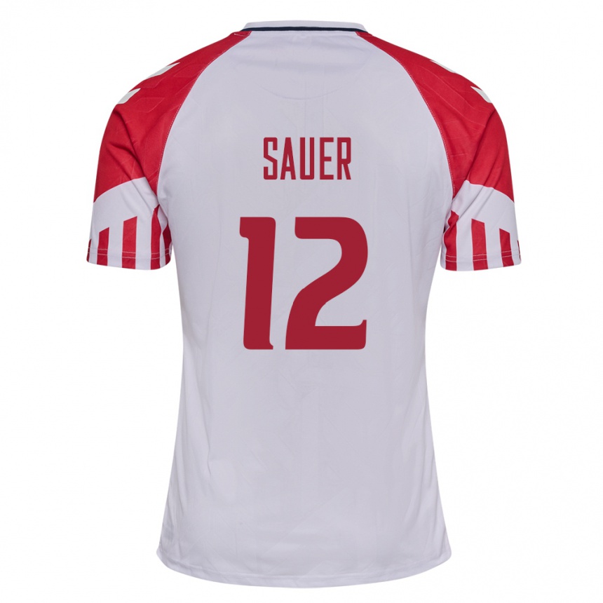 Damen Fußball Dänische Mathias Sauer #12 Weiß Auswärtstrikot Trikot 24-26 T-Shirt Luxemburg