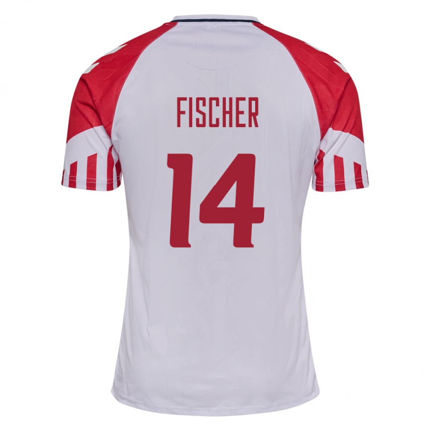 Damen Fußball Dänische Mikkel Fischer #14 Weiß Auswärtstrikot Trikot 24-26 T-Shirt Luxemburg