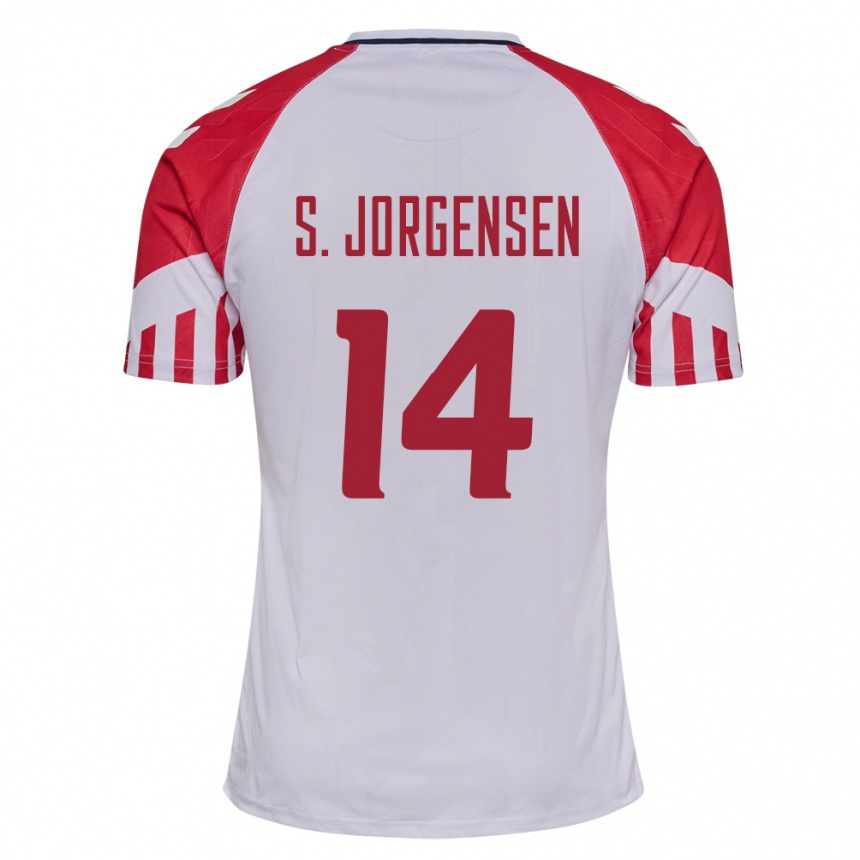 Damen Fußball Dänische Sebastian Jorgensen #14 Weiß Auswärtstrikot Trikot 24-26 T-Shirt Luxemburg