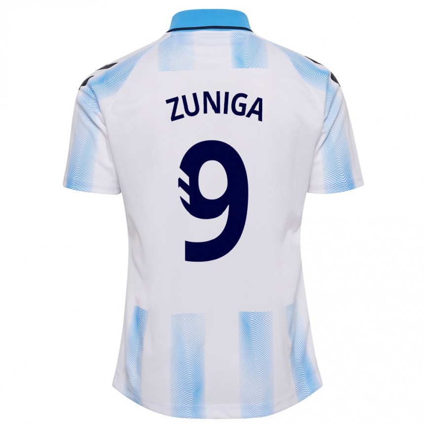 Kinder Fußball Loren Zúñiga #9 Weiß Blau Heimtrikot Trikot 2023/24 T-Shirt Luxemburg