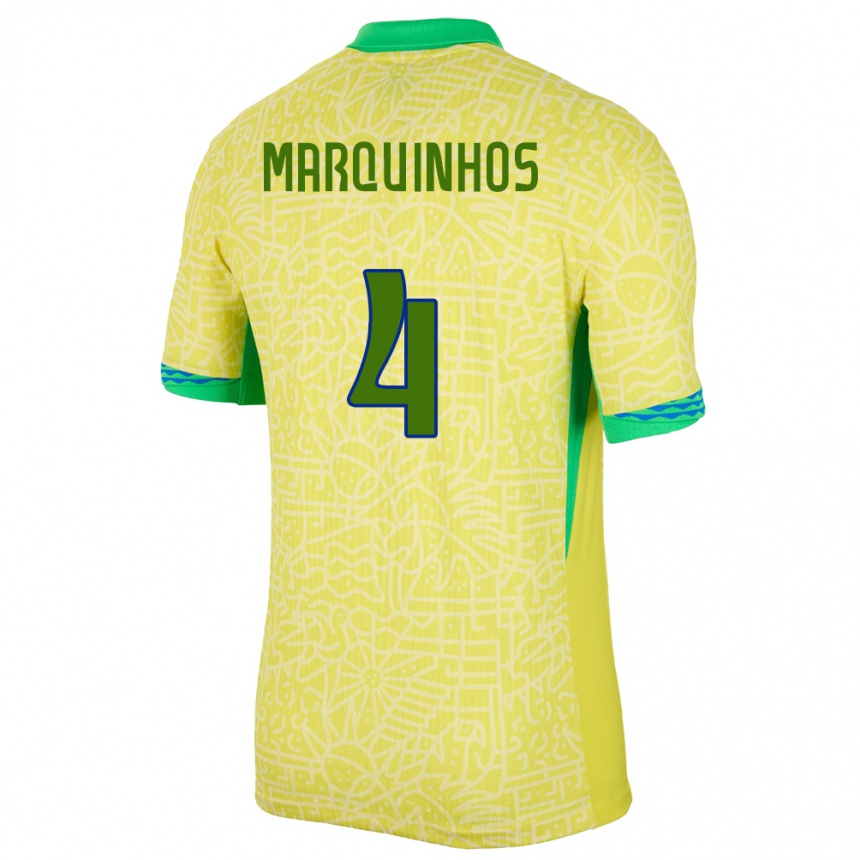 Kinder Fußball Brasilien Marquinhos #4 Gelb Heimtrikot Trikot 24-26 T-Shirt Luxemburg