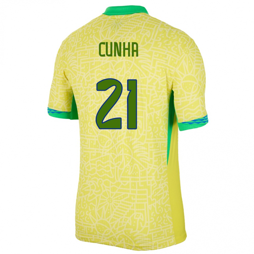 Kinder Fußball Brasilien Matheus Cunha #21 Gelb Heimtrikot Trikot 24-26 T-Shirt Luxemburg