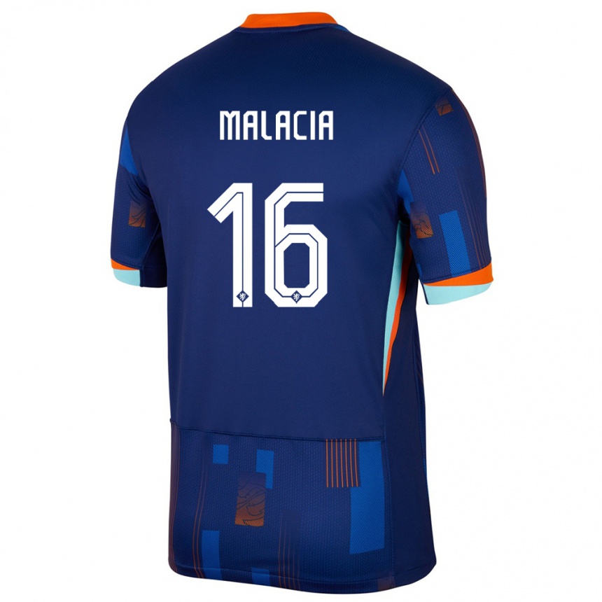 Kinder Fußball Niederlande Tyrell Malacia #16 Blau Auswärtstrikot Trikot 24-26 T-Shirt Luxemburg