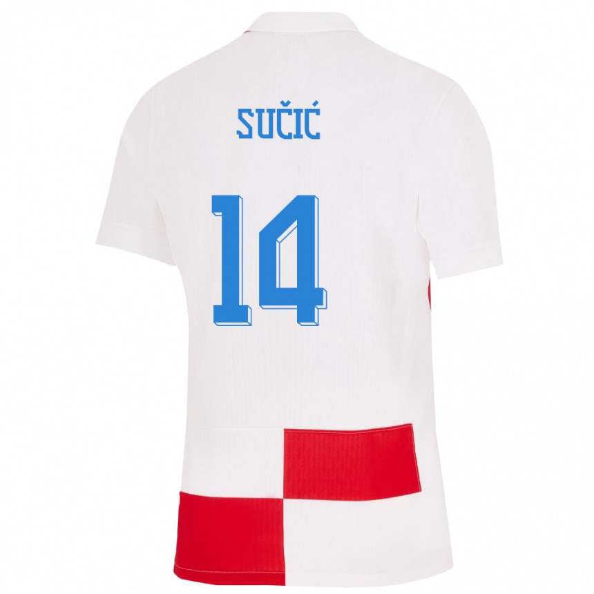 Herren Fußball Kroatien Luka Sucic #14 Weiß Rot Heimtrikot Trikot 24-26 T-Shirt Luxemburg