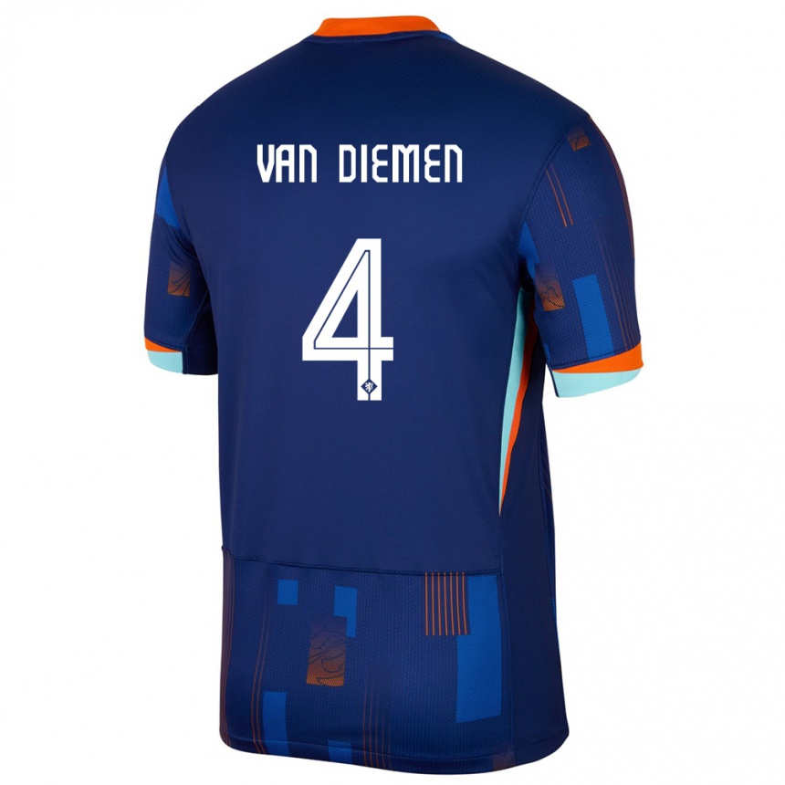 Herren Fußball Niederlande Samantha Van Diemen #4 Blau Auswärtstrikot Trikot 24-26 T-Shirt Luxemburg