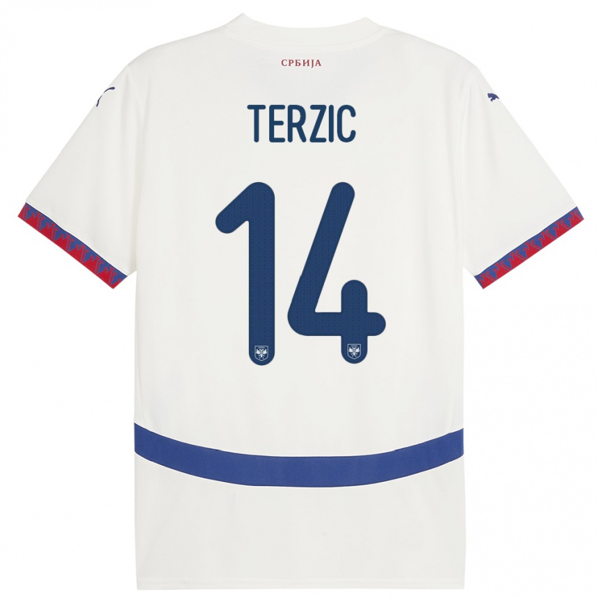 Herren Fußball Serbien Aleksa Terzic #14 Weiß Auswärtstrikot Trikot 24-26 T-Shirt Luxemburg