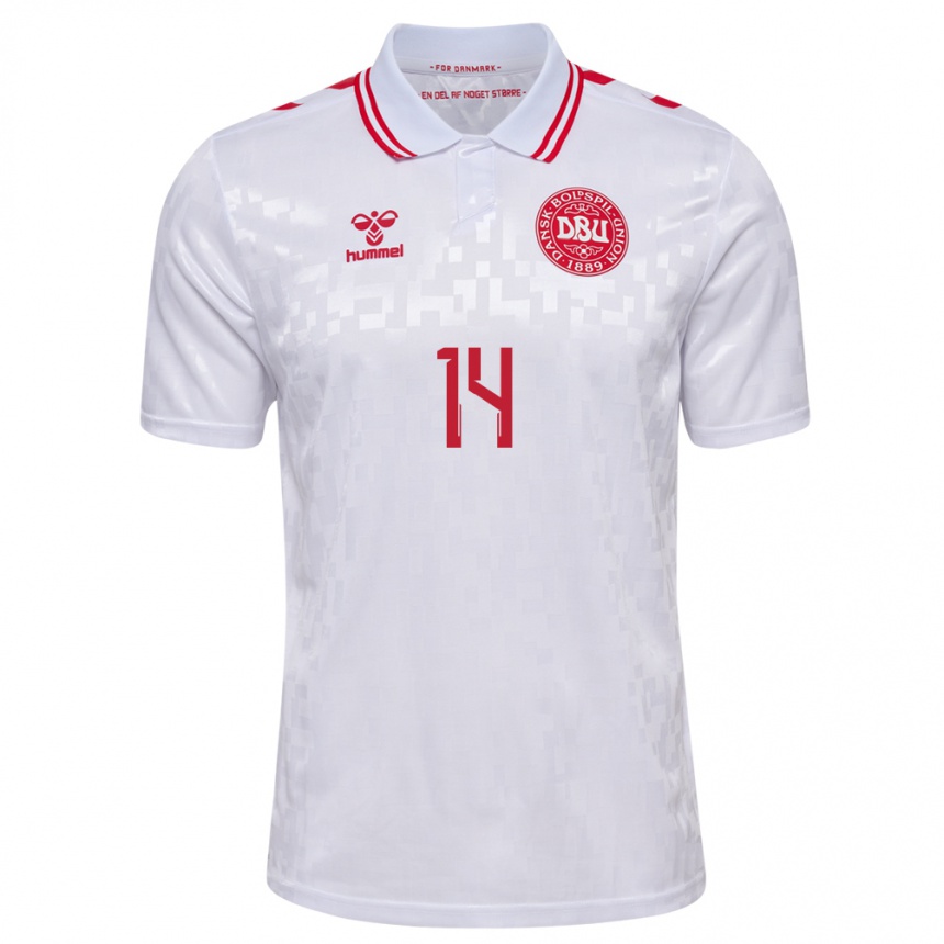 Herren Fußball Dänemark Mikkel Fischer #14 Weiß Auswärtstrikot Trikot 24-26 T-Shirt Luxemburg