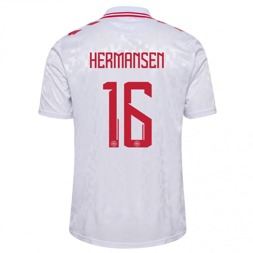 Herren Fußball Dänemark Mads Hermansen #16 Weiß Auswärtstrikot Trikot 24-26 T-Shirt Luxemburg