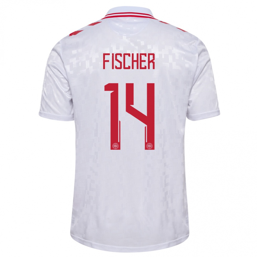 Herren Fußball Dänemark Mikkel Fischer #14 Weiß Auswärtstrikot Trikot 24-26 T-Shirt Luxemburg