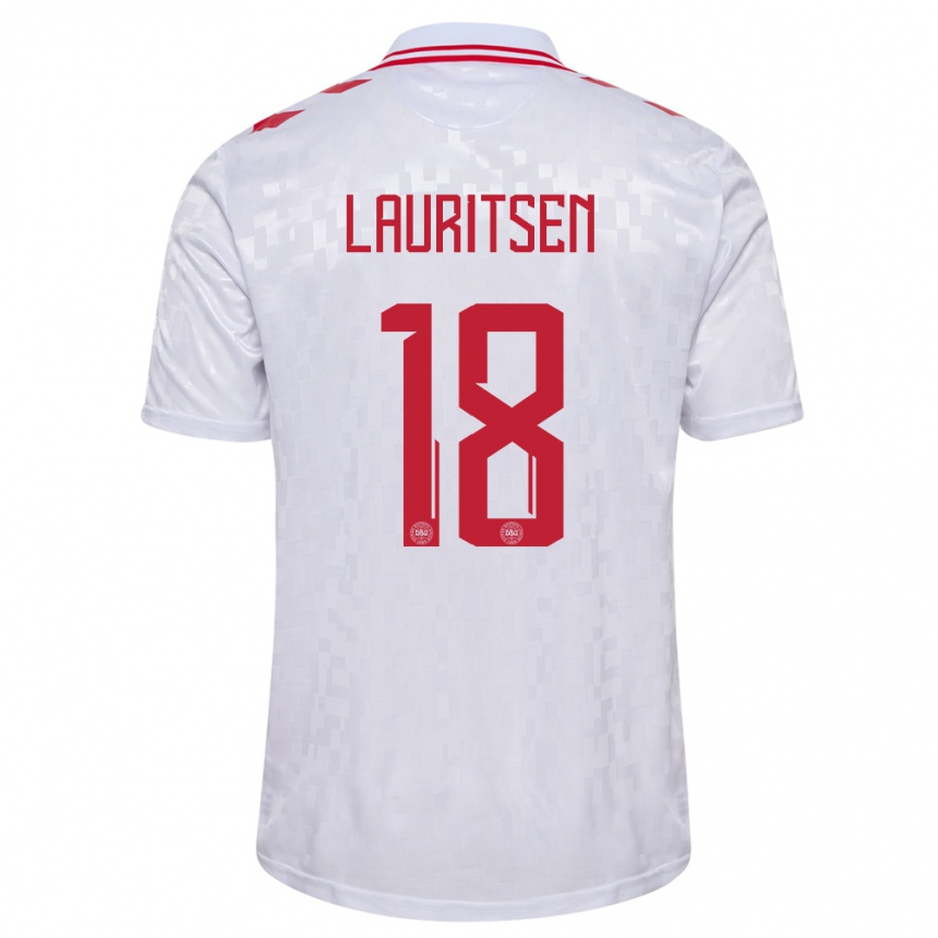 Herren Fußball Dänemark Tobias Lauritsen #18 Weiß Auswärtstrikot Trikot 24-26 T-Shirt Luxemburg