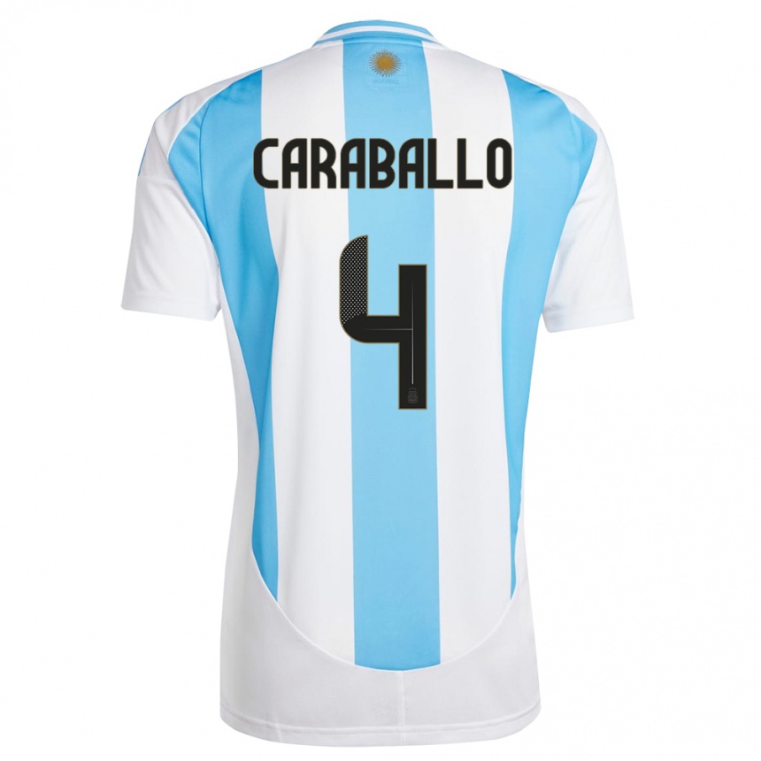Damen Fußball Argentinien Brian Caraballo #4 Weiß Blau Heimtrikot Trikot 24-26 T-Shirt Luxemburg