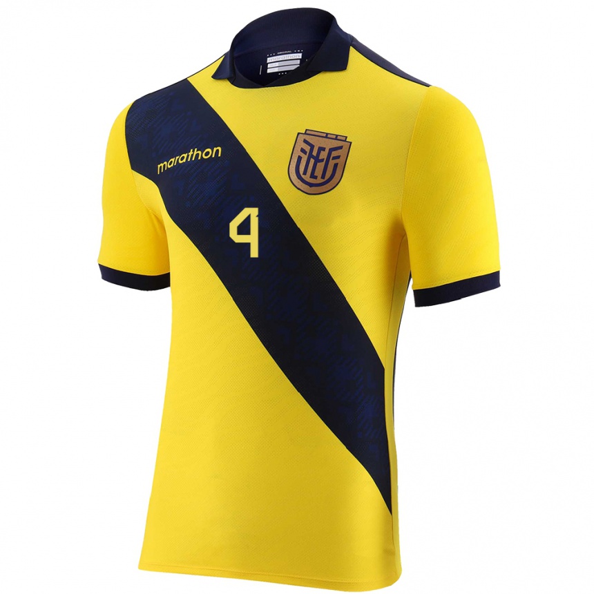 Damen Fußball Ecuador Fernando Leon #4 Gelb Heimtrikot Trikot 24-26 T-Shirt Luxemburg