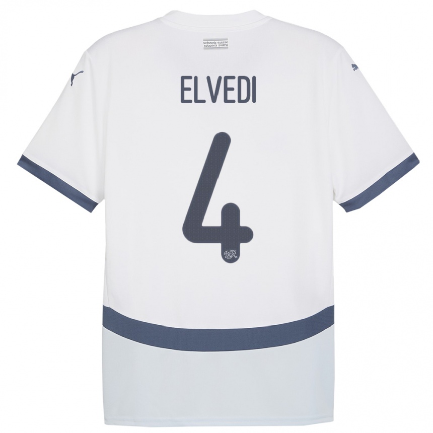 Damen Fußball Schweiz Nico Elvedi #4 Weiß Auswärtstrikot Trikot 24-26 T-Shirt Luxemburg