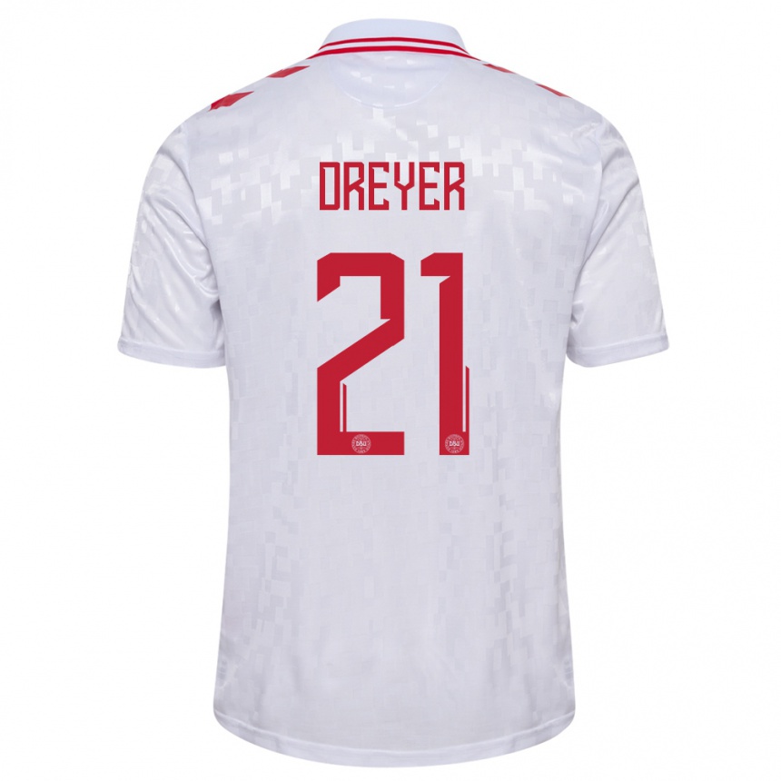 Damen Fußball Dänemark Anders Dreyer #21 Weiß Auswärtstrikot Trikot 24-26 T-Shirt Luxemburg